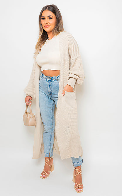 Chunky Knitted Balloon Sleeve Long Maxi Cardigan