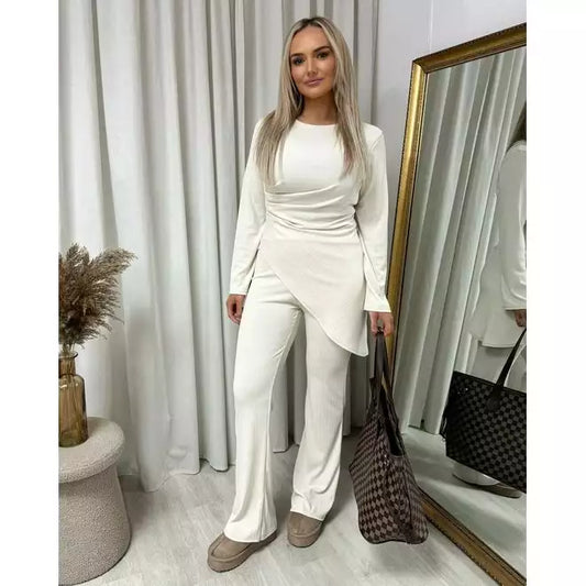 Asymmetric Long Sleeve Top and Flare Trouser Co-ord Set