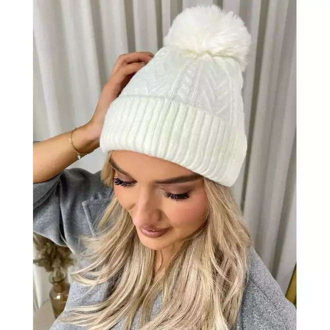 Chunky Knit Fur Pom Beanie Hat